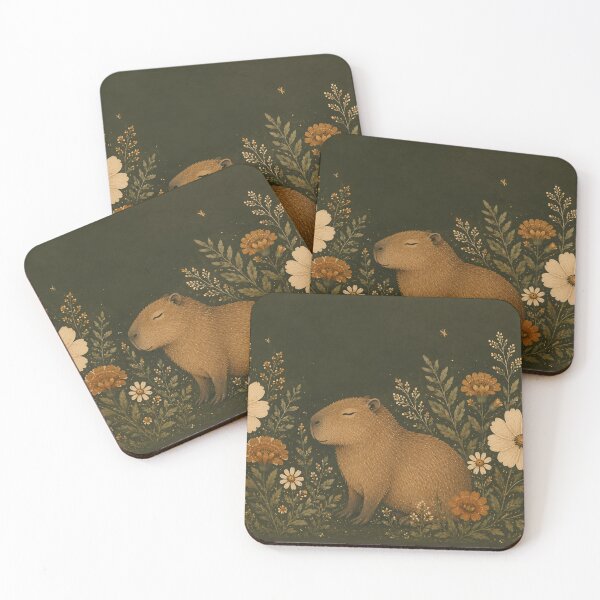 Item preview, Capybara Botanical Painting Dark Floral Folk Art designed and sold by Jozefin's Studio.