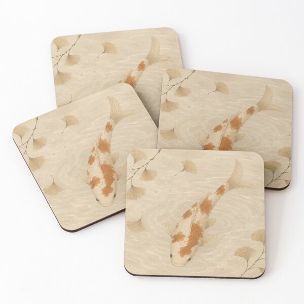 Item preview, Koi Fish Painting with Ginkgo Leaves Beige Water designed and sold by Jozefin's Studio.