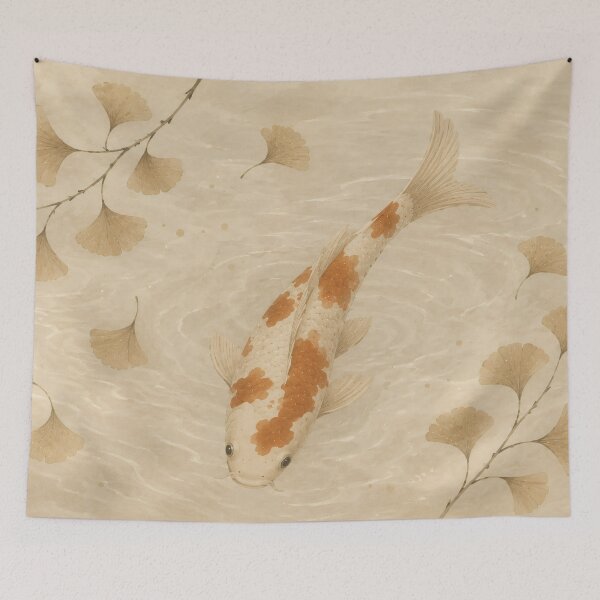 Item preview, Koi Fish Painting with Ginkgo Leaves Beige Water designed and sold by Jozefin's Studio.