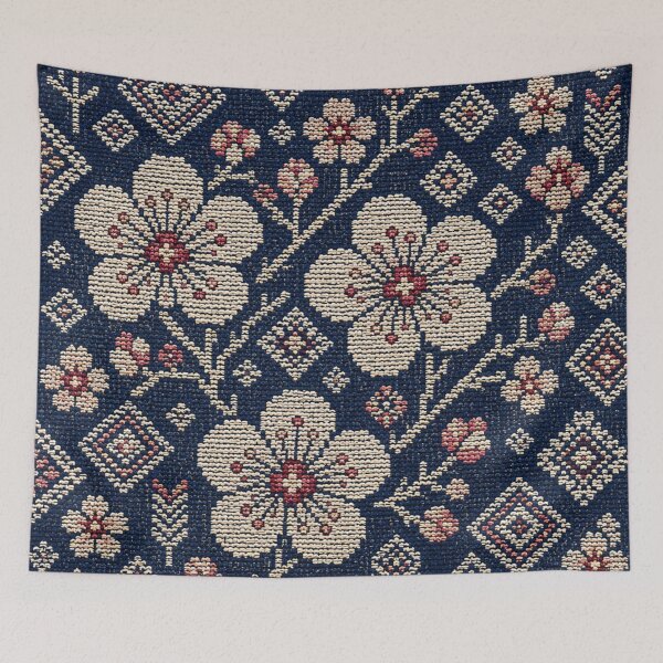 Item preview, Nambu Ume Folk – Plum Blossom Embroidery on Indigo designed and sold by MarekoraStudio.