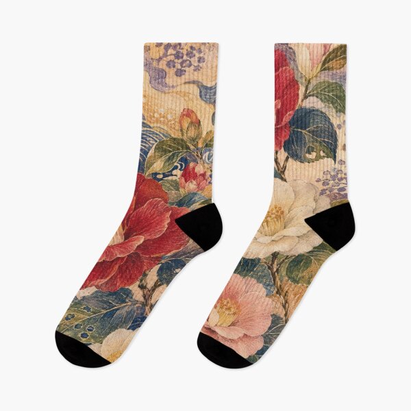 Item preview, Kaga Tsubaki Folk – Camellia Textile-Inspired Floral Pattern designed and sold by MarekoraStudio.