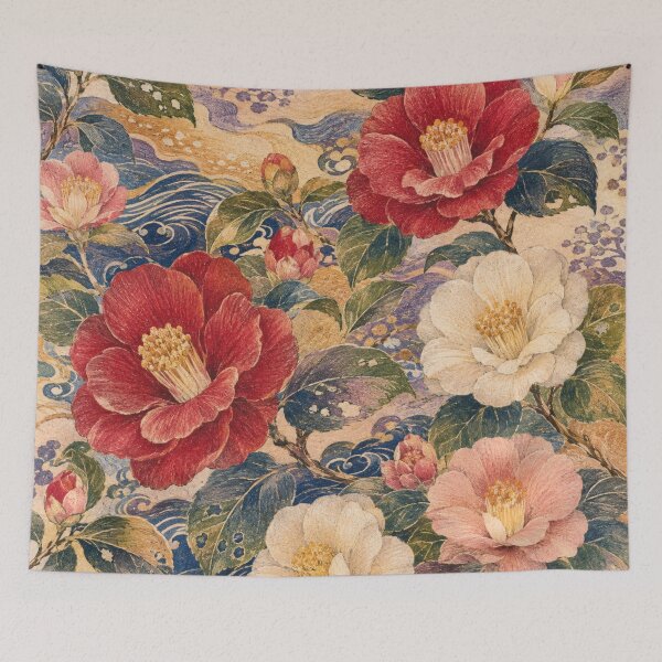 Item preview, Kaga Tsubaki Folk – Camellia Textile-Inspired Floral Pattern designed and sold by MarekoraStudio.