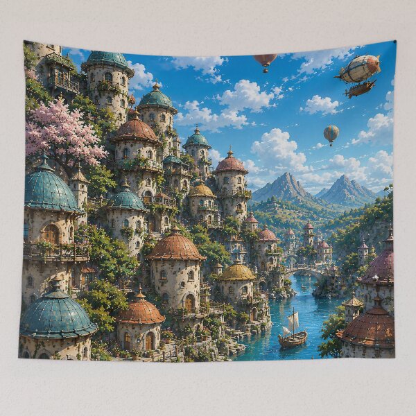 Item preview, Fantasy City Waterway Oil Painting Blue Sky designed and sold by Jozefin's Studio.