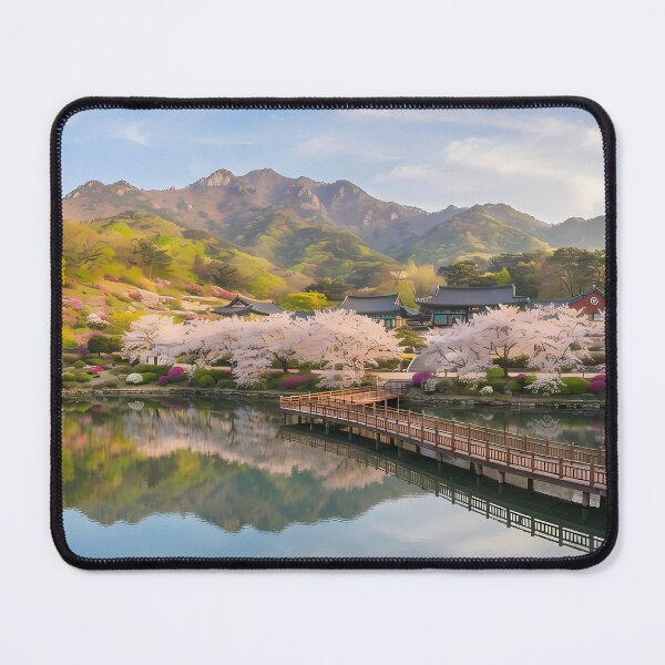 Item preview, Serene Spring at Suseonsa Temple in Sancheong, Korea: Blooming Cherry Blossoms, Peaceful Pond & Traditional Korean Architecture Art Print, Poster & Home Decor designed and sold by SOOstudio73.
