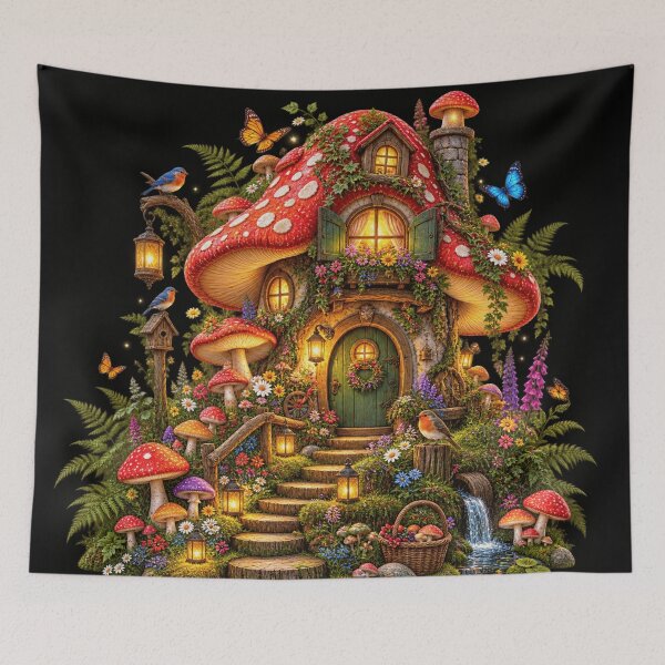 Item preview, Enchanted Mushroom Cottage Garden designed and sold by ASWIN STUDIO.