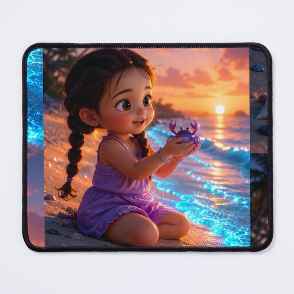 Item preview, Cute Girl Holding a Little Crab at Magical Sunset Beach – Kawaii Ocean Art designed and sold by Bhaskar Digital Art.