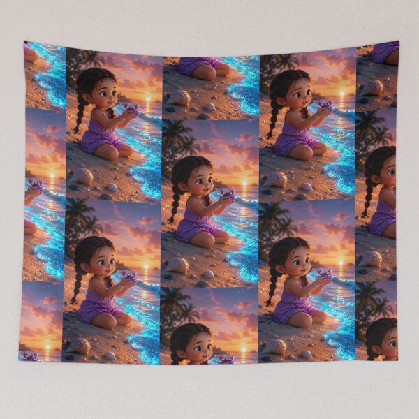 Item preview, Cute Girl Holding a Little Crab at Magical Sunset Beach – Kawaii Ocean Art designed and sold by Bhaskar Digital Art.