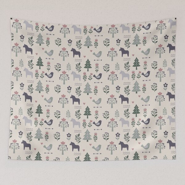 Item preview, Scandinavian Folk Art Seamless Pattern with Birds and Dala Horse designed and sold by ElenMart.