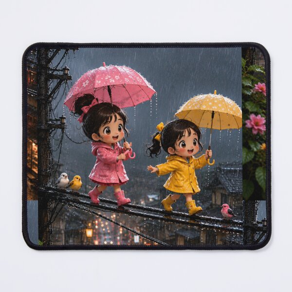 Item preview, Cute Chibi Girls Walking in the Rain with Colorful Umbrellas – Kawaii Rainy Day Art designed and sold by Bhaskar Digital Art.