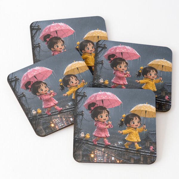 Item preview, Cute Chibi Girls Walking in the Rain with Colorful Umbrellas – Kawaii Rainy Day Art designed and sold by Bhaskar Digital Art.