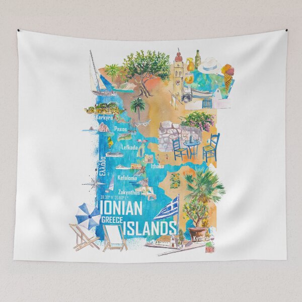 Item preview, Ionian Islands Greece Illustrated Travel Map with Corfu, Zante, Kephalonia, Paxos, Lefkada and Kythera designed and sold by artshop77.