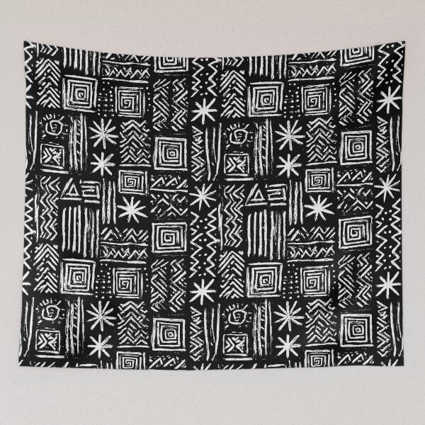 Item preview, Tribal Linocut Pattern Black White Block Print Symbols designed and sold by Nine Lives Studio.