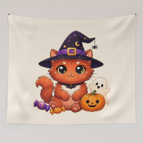 Item preview, Cute Halloween Witch Cat with Pumpkin and Ghost designed and sold by SweetLilith.