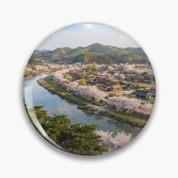Item preview, Serene Spring at Andong Hahoe Folk Village, Korea: Blooming Cherry Blossoms, Nakdong River & Traditional Korean Hanok Architecture Art Print, Poster & Home Decor designed and sold by SOOstudio73.