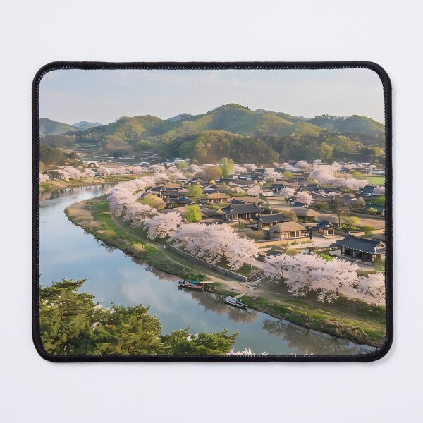 Item preview, Serene Spring at Andong Hahoe Folk Village, Korea: Blooming Cherry Blossoms, Nakdong River & Traditional Korean Hanok Architecture Art Print, Poster & Home Decor designed and sold by SOOstudio73.
