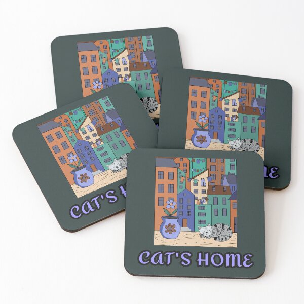 Item preview, Cat Illustration and Whimsical Colorful Houses   designed and sold by LeshanArt.