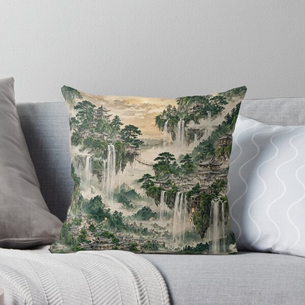 Item preview, Chinese Landscape Watercolor Misty Mountains Waterfalls Pagodas designed and sold by Jozefin's Studio.