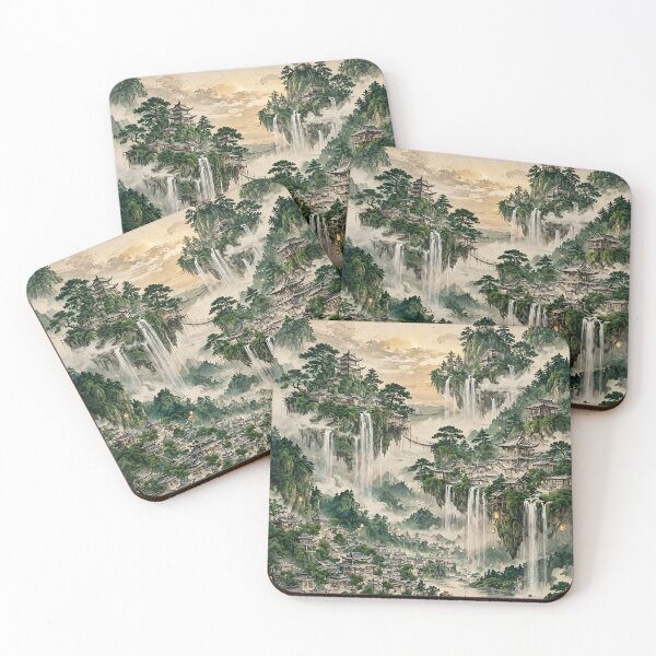 Item preview, Chinese Landscape Watercolor Misty Mountains Waterfalls Pagodas designed and sold by Jozefin's Studio.