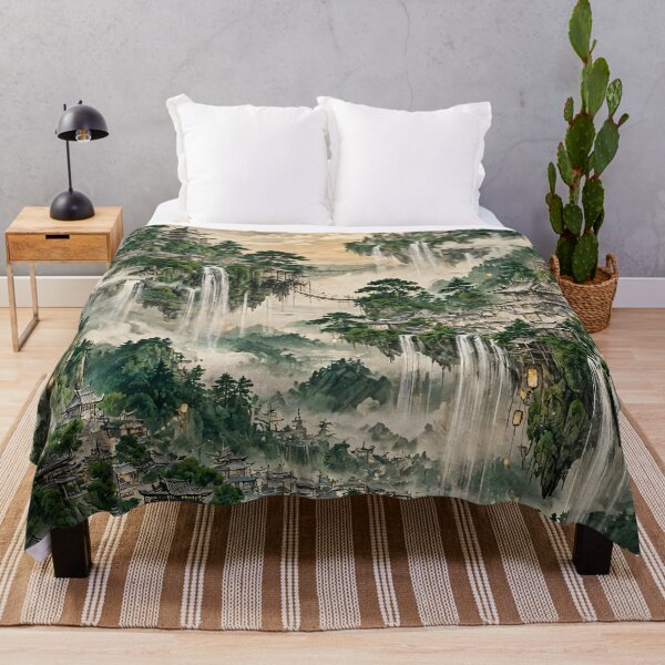Item preview, Chinese Landscape Watercolor Misty Mountains Waterfalls Pagodas designed and sold by Jozefin's Studio.