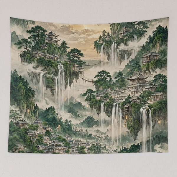Item preview, Chinese Landscape Watercolor Misty Mountains Waterfalls Pagodas designed and sold by Jozefin's Studio.
