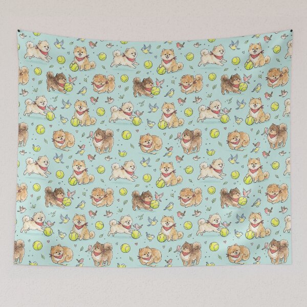Item preview, Pomeranian Puppies & Tennis Balls & Birds Seamless Pattern designed and sold by StickVerse by Owais.