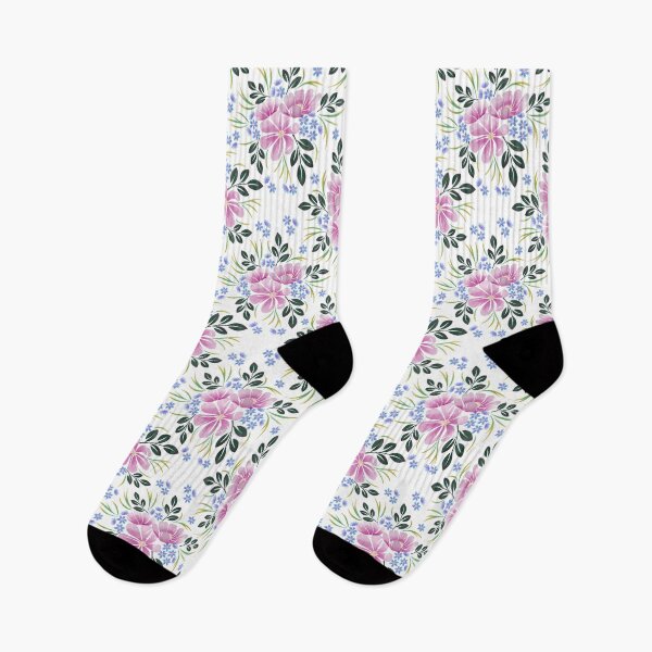 Artikelvorschau, Illustration von rosa und blauen Blumen mit Blättern entworfen und verkauft von By Kelly Attenborough.