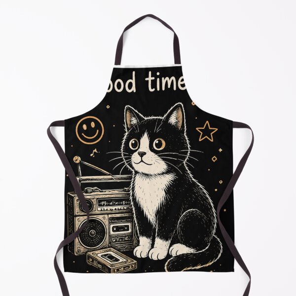 Item preview, Good Times Great Memories – Vintage Tuxedo Cat with Retro Boombox Doodle designed and sold by TeehMeow.