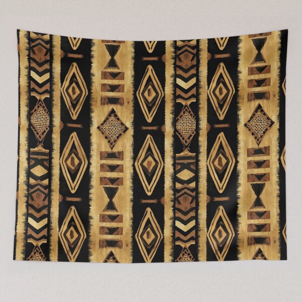 Item preview, African Kuba Cloth Pattern Gold Black Brown Diamond designed and sold by Nine Lives Studio.