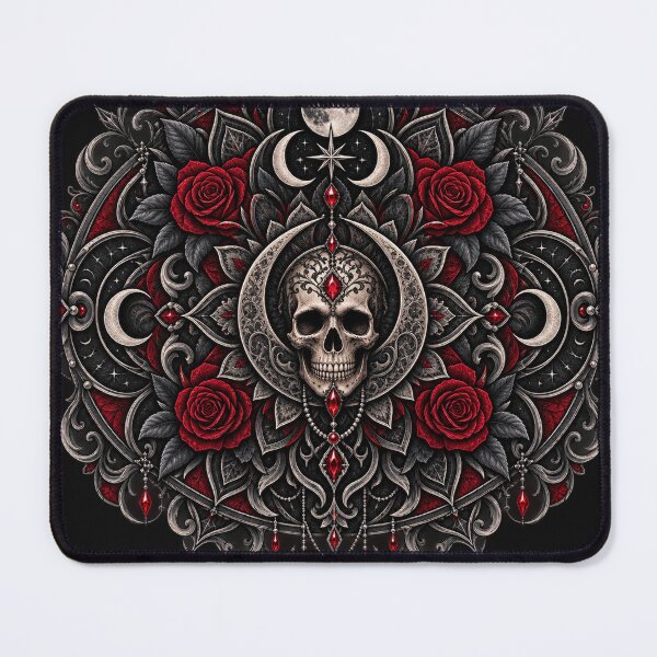 Item preview, Gothic Skull Mandala – Blackwork Roses, Moon & Crimson Gems designed and sold by Lumvero.