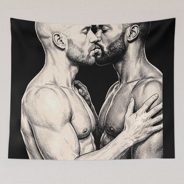 Item preview, Intimate Line Art Kiss - Interracial Gay Couple Illustration designed and sold by gayishdesign.