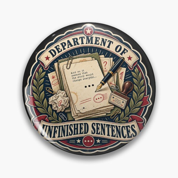 Item preview, Department of Unfinished Sentences – Writer Humor & Poetcore Badge designed and sold by Golden Era Studio.