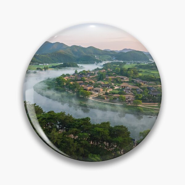 Item preview, Mystical Summer Morning at Andong Hahoe Folk Village, Korea: Lush Greenery, River Fog, Mansongjeong Pine Forest & Traditional Hanok Architecture Art Print, Poster & Home Decor designed and sold by SOOstudio73.