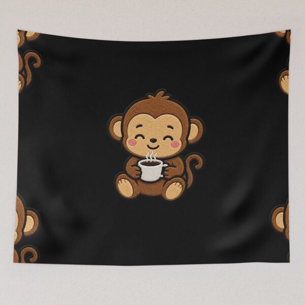 Item preview, Cute Monkey Drinking Coffee Kawaii Embroidery Patch designed and sold by ColorSplash123.