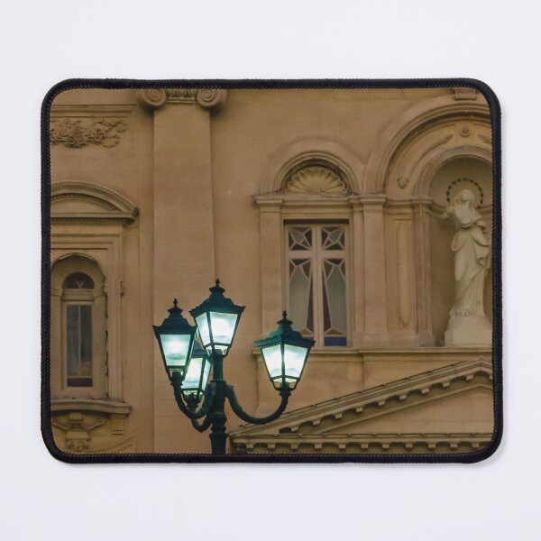 Item preview, Glowing Street Lamp in Front of Historic Classical Building With Statue and Columns at Night designed and sold by Nmallia.
