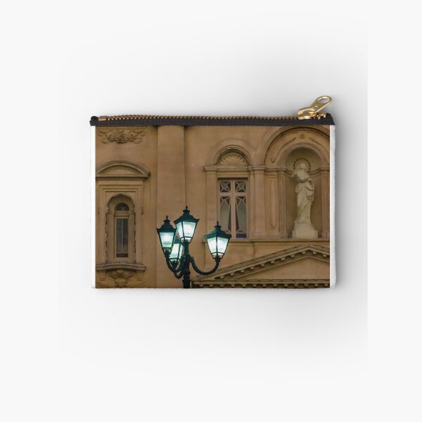 Item preview, Glowing Street Lamp in Front of Historic Classical Building With Statue and Columns at Night designed and sold by Nmallia.