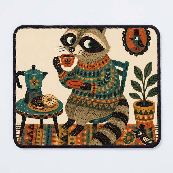 Item preview, Wall Art - Postcard - T-shirt: Cozy Raccoon Tea Time designed and sold by ForeverPrintsOK.