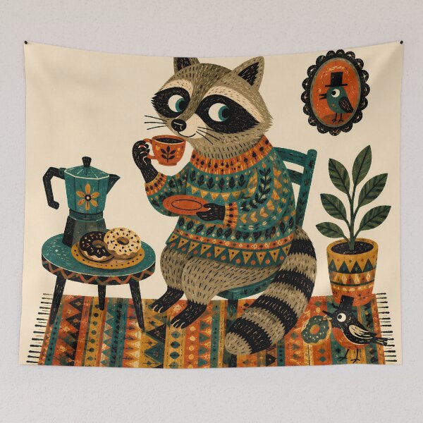 Item preview, Wall Art - Postcard - T-shirt: Cozy Raccoon Tea Time designed and sold by ForeverPrintsOK.
