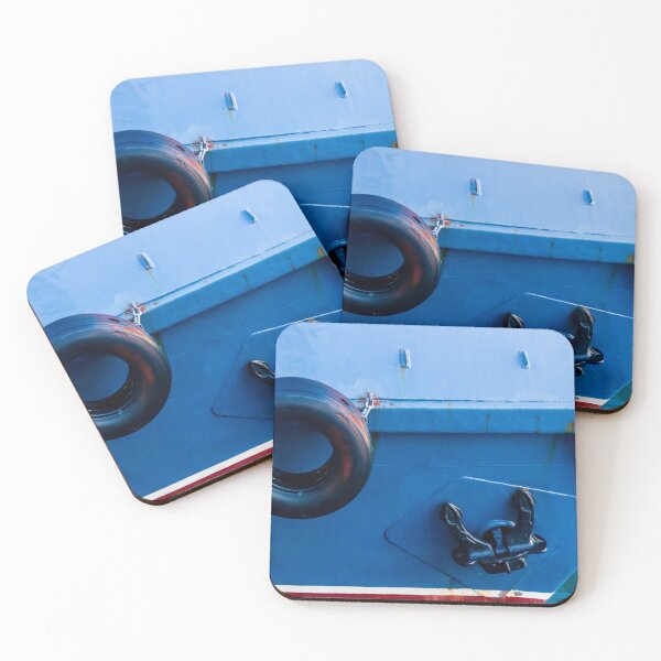 Item preview, Blue Boat Hull With Black Tire Fender And Anchor Close-Up At Harbor Dock designed and sold by Nmallia.