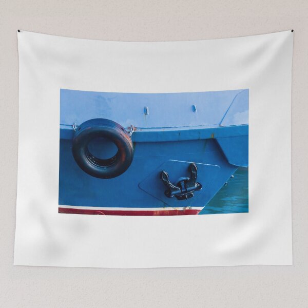Item preview, Blue Boat Hull With Black Tire Fender And Anchor Close-Up At Harbor Dock designed and sold by Nmallia.