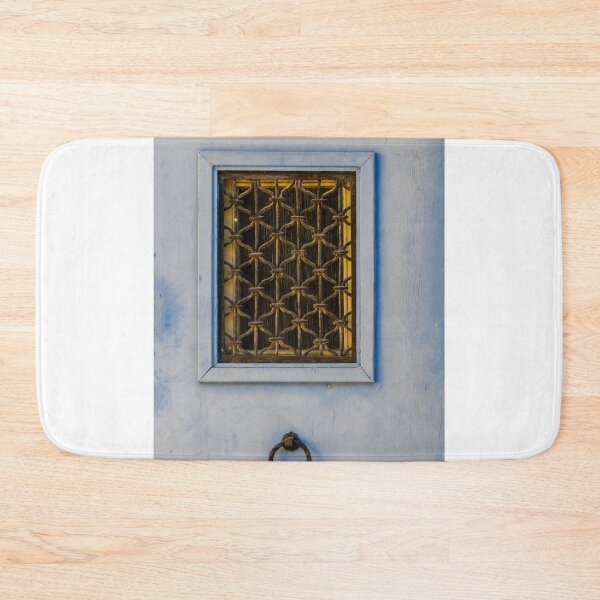 Item preview, Blue Door With Wrought Iron Grate Window and Rustic Ring Knocker on Facade designed and sold by Nmallia.