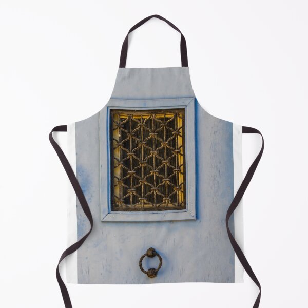 Item preview, Blue Door With Wrought Iron Grate Window and Rustic Ring Knocker on Facade designed and sold by Nmallia.