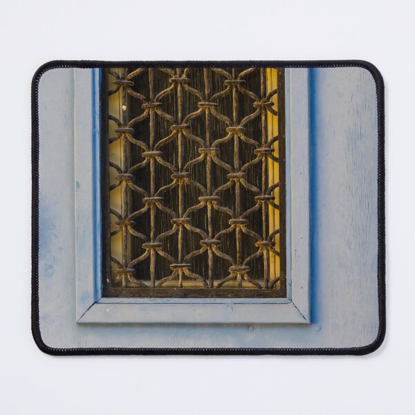 Item preview, Blue Door With Wrought Iron Grate Window and Rustic Ring Knocker on Facade designed and sold by Nmallia.