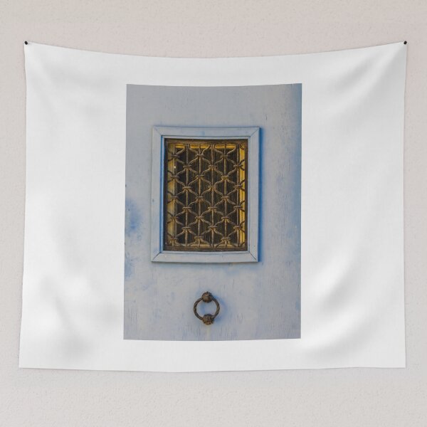 Item preview, Blue Door With Wrought Iron Grate Window and Rustic Ring Knocker on Facade designed and sold by Nmallia.