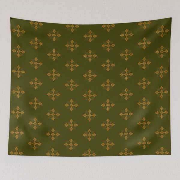 Aperçu de l'œuvre Motif géométrique doré à nœuds | Art ethnique vert olive créée et vendue par Jyoti Digital Artist.