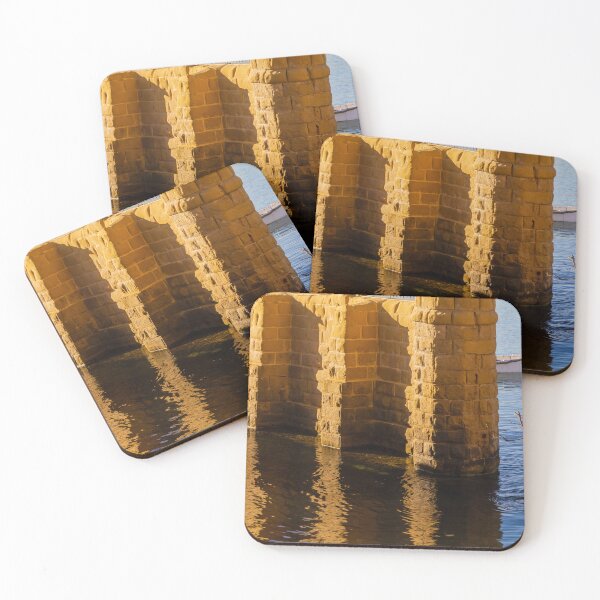 Item preview, Golden Stone Pillars by Calm Harbor Water with Reflective Surface and Sunlit Brick Wall designed and sold by Nmallia.