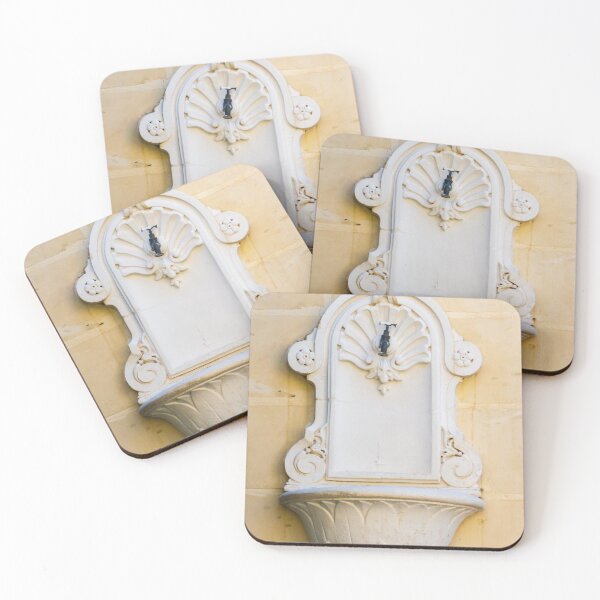 Item preview, Ornate White Wall Fountain With Shell Motif And Classical Architectural Detail On Beige Stone Wall designed and sold by Nmallia.