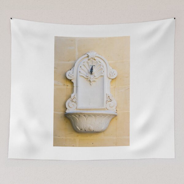 Item preview, Ornate White Wall Fountain With Shell Motif And Classical Architectural Detail On Beige Stone Wall designed and sold by Nmallia.