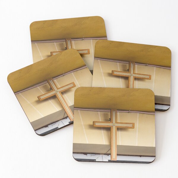 Item preview, Wooden Cross Sign Mounted on Beige Storefront Wall with Modern Inlay Design for Church or Shop designed and sold by Nmallia.