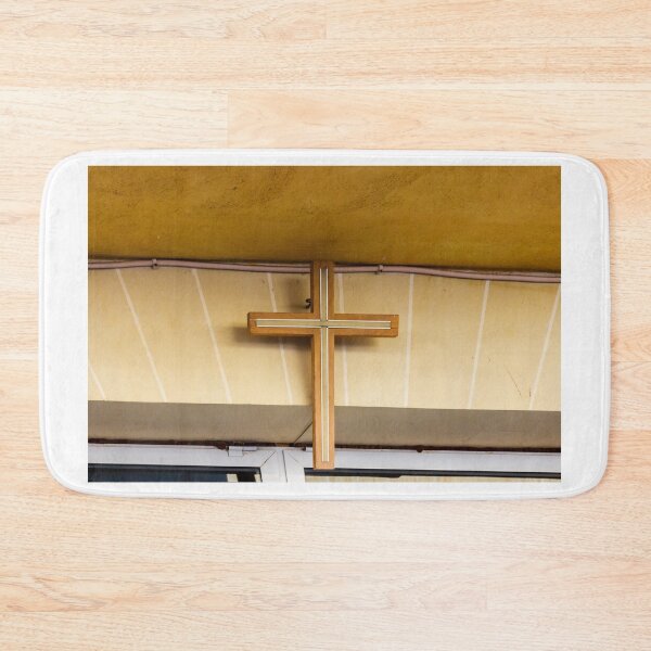 Item preview, Wooden Cross Sign Mounted on Beige Storefront Wall with Modern Inlay Design for Church or Shop designed and sold by Nmallia.