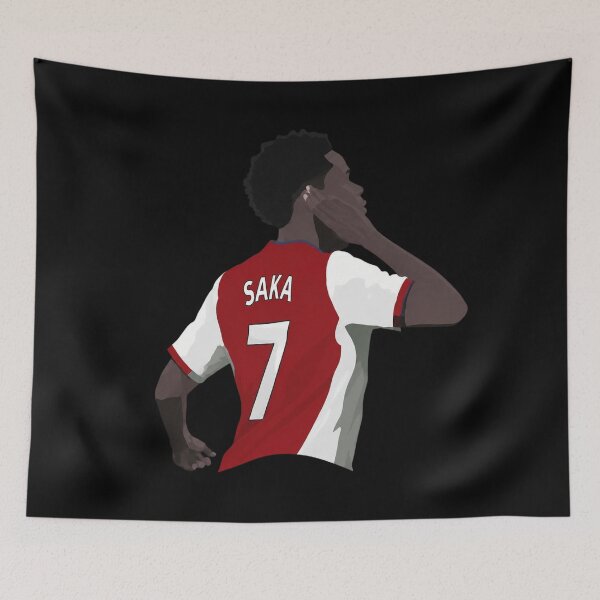 Artikelvorschau, Bukayo Saka Retro Premier League Rot und Weiß entworfen und verkauft von FieldsnancyArts.